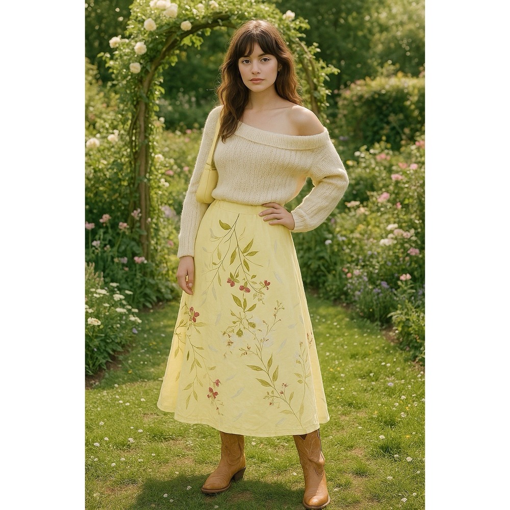 Vtg H Harloquin Long Maxi Skirt Womens M Yellow Floral Cottagecore Boho Made USA